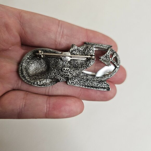 JJ Silver Tone Pewter Cat Fishbowl Brooch Marked Pin - Picture 6 of 7